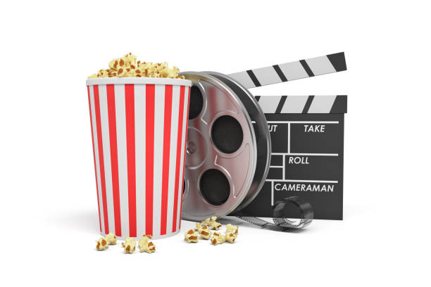 istock 3d rendering of a video reel, popcorn bucket and a clapperboard on a white background. 1035654316