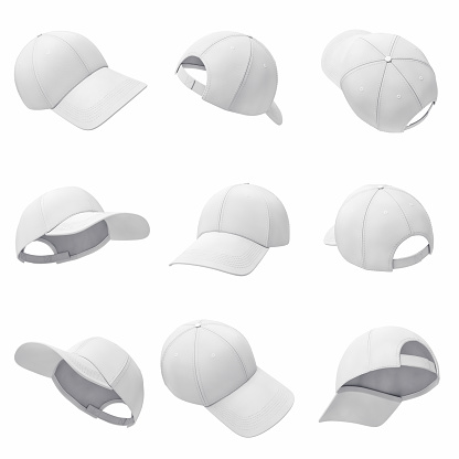 Render 3D de muchas gorras blancas colgando sobre un fondo blanco en diferentes ángulos. photo