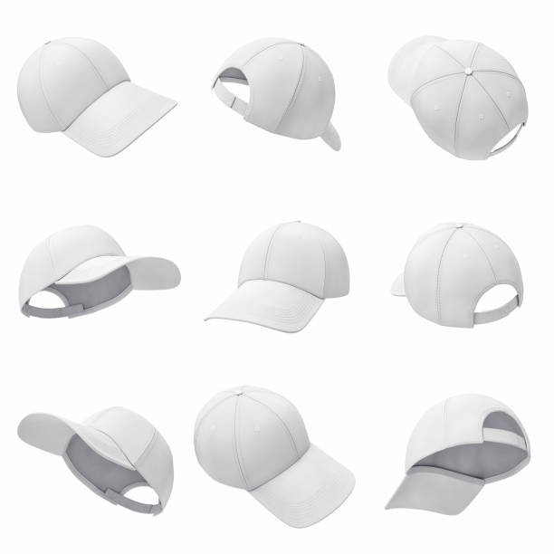3d rendering of many white baseball caps hanging on a white background in different angles. 3d rendering of many white baseball caps hanging on a white background in different angles. Baseball hat. Casual headwear. Sport style. sideways baseball hat stock pictures, royalty-free photos & images