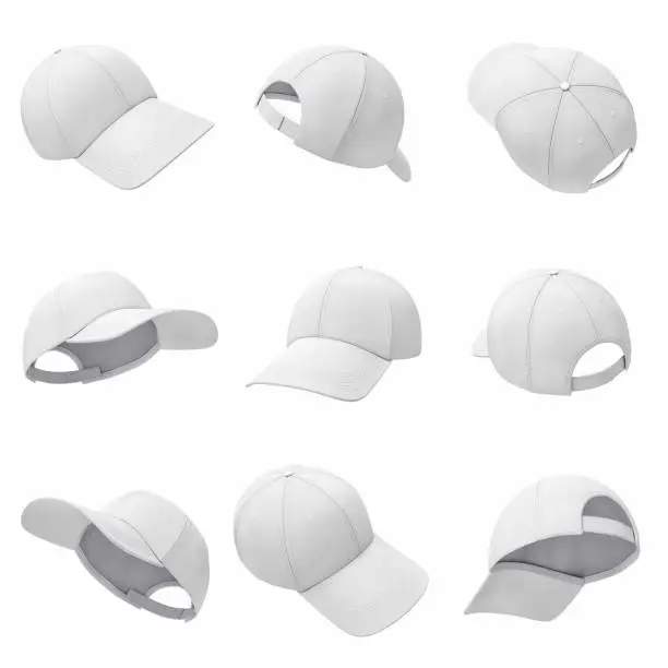 3d rendering of many white baseball caps hanging on a white background in different angles. Baseball hat. Casual headwear. Sport style.
