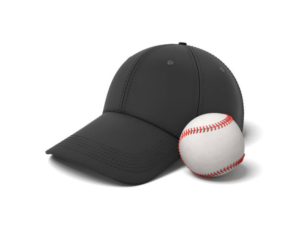 istock 3d rendering of a white baseball with red stitching lying near a black baseball cap on a white background. 1035654364
