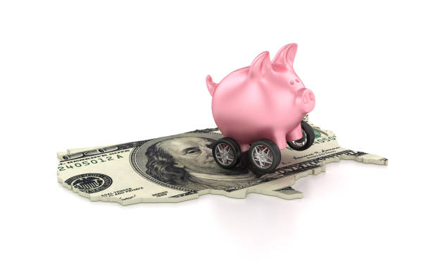 istock Piggy Bank with Wheels over USA Dollar Shape - 3D Rendering 1035665696