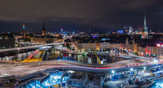 A night picture of Stockholm with a lot of construction in the Slussen area.