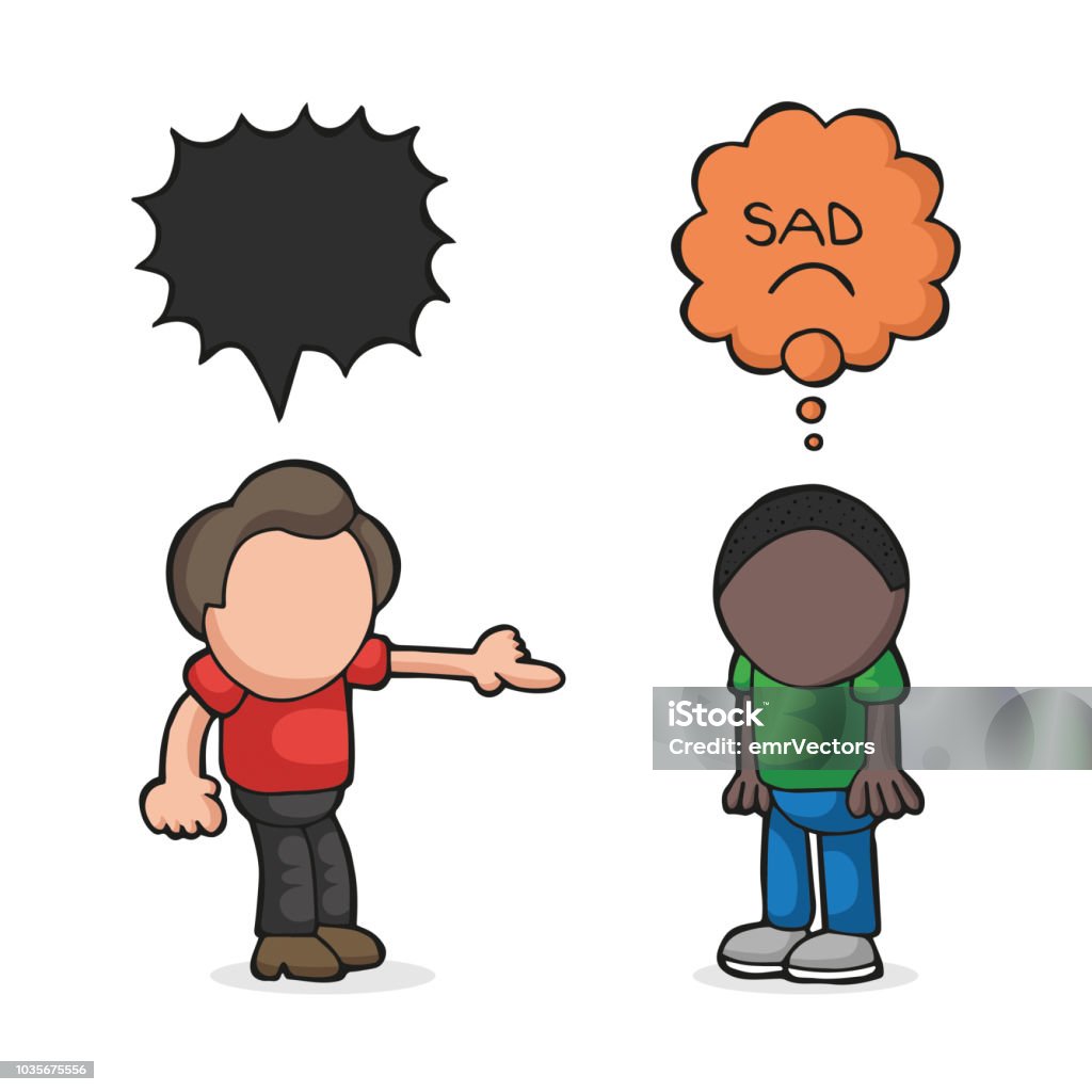 Vector hand-drawn cartoon of white man racist to black man, stop racism Vector hand-drawn cartoon illustration of white man racist to black man. Stop racism. Adult stock vector