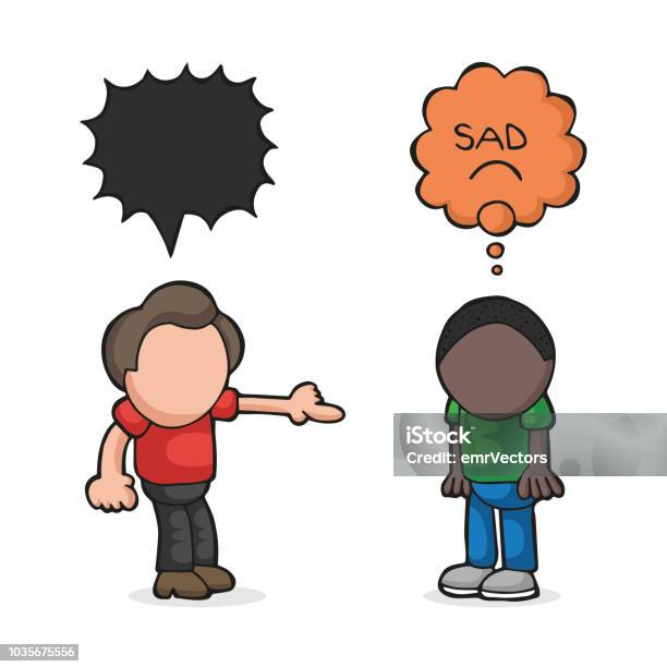 Vector Handdrawn Cartoon Of White Man Racist To Black Man Stop Racism Stock Illustration - Download Image Now