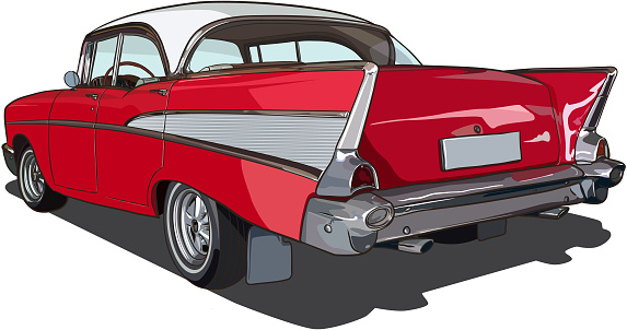 Rear view of old American car in vector drawing.