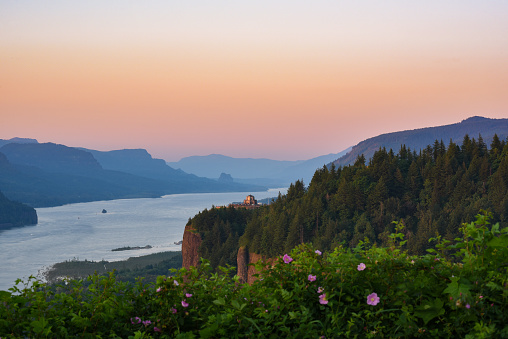 A pleasant sunset over the Columbia River Gorge, Oregon, in the spring.