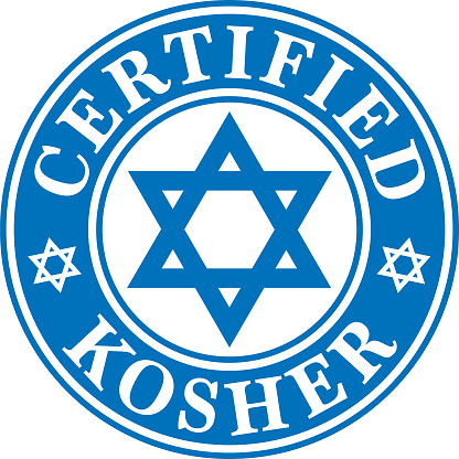 Vector illustration of a round blue certified kosher label with a Star of David in the middle of it.