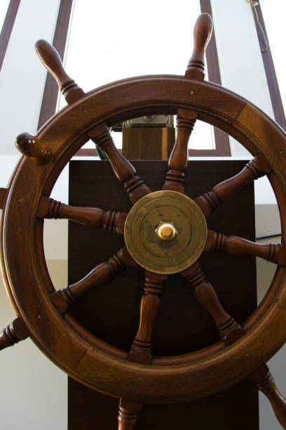 istock Front view of wooden rudder on a sailing ship inside the capitan's cabin 1035683434