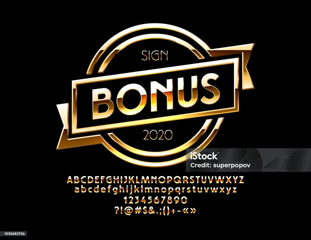Vector Sign Bonus with Golden Alphabet set Set of Gold Letters, Numbers and Punctuation Symbols Logo stock vector