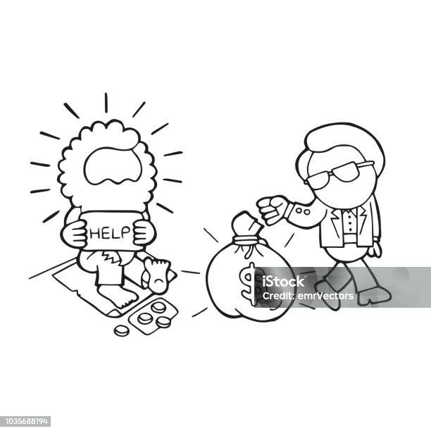 Vector Handdrawn Cartoon Of Rich Man Giving Money Bag To Homeless Stock Illustration - Download Image Now