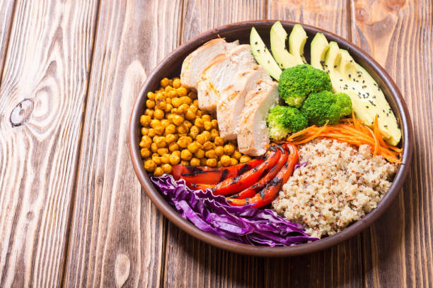istock Buddha bowl with avocado , chicken , pepper , quinoa and chickpea 1035692694