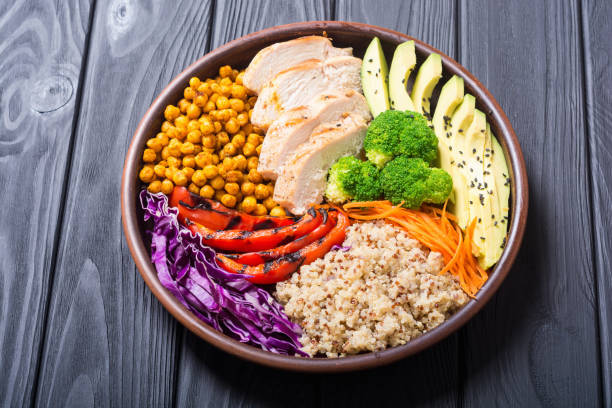 istock Buddha bowl with avocado , chicken , pepper , quinoa and chickpea 1035692698
