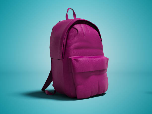 istock Modern raspberry leather backpack in school for children and teens left view 3D rendering on blue background with shadow 1035693040