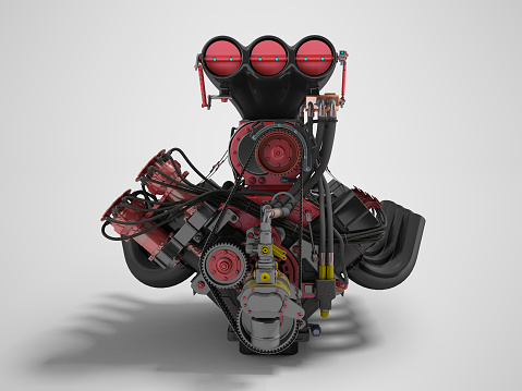 Engine Red Spectrum Red Engine With Supercharger Front View 3d Render On Gray Background ...