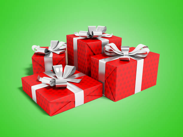 istock Red four gift tied with silver ribbon 3D render on green background with shadow 1035693282