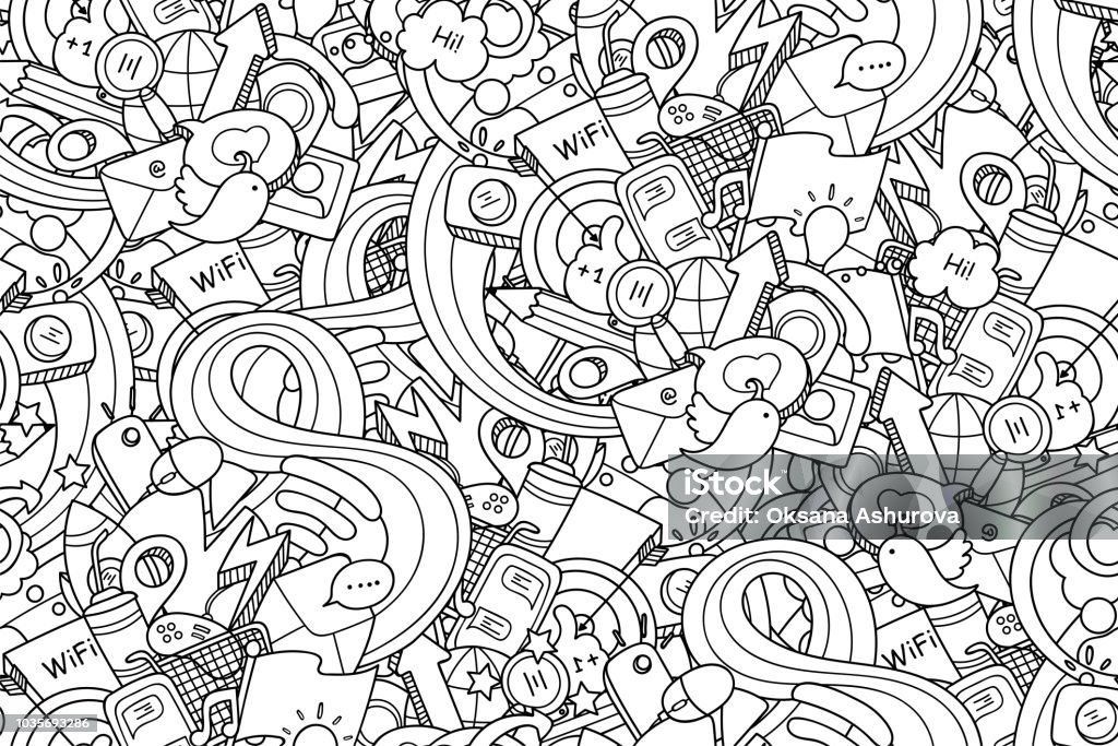 Doodles social media seamless pattern. Technology objects with doodle wave for coloring and design. Easy to change colors. Vector illustration. Doodle stock vector