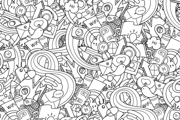 Doodles social media seamless pattern. Technology objects with doodle wave for coloring and design. Easy to change colors. Vector illustration. doodle stock illustrations