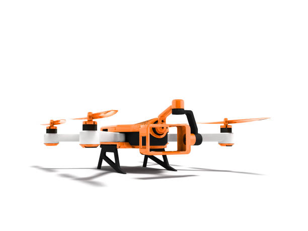istock Modern orange quadrocopter drone view perspective 3d rendering on white background with shadow 1035695686