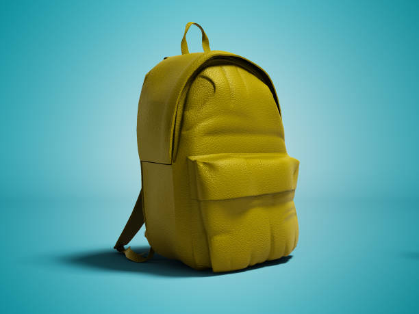 istock Modern yellow leather backpack in school for children and teens left view 3D rendering on blue background with shadow 1035695800