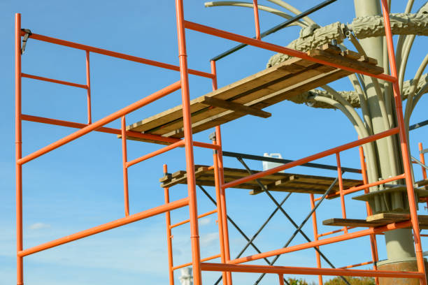 istock Scaffolding Elements Construction. Metal scaffolding tubes and bars. Construction site details. 1035696348
