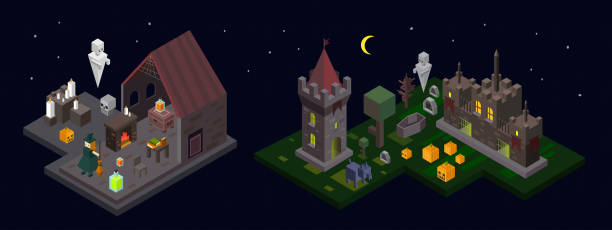 istock Set of Halloween isometric elements. Castle, tower, witch, ghost, cemetery, wood, poison and fireplace. Vector illustration 1035696988
