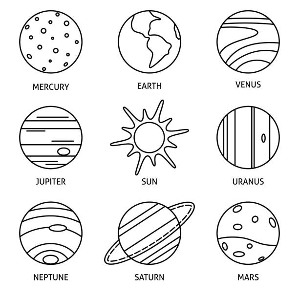 Solar system planets icon set in thin line style Solar system planets and sun icons collection in thin line style solar system stock illustrations