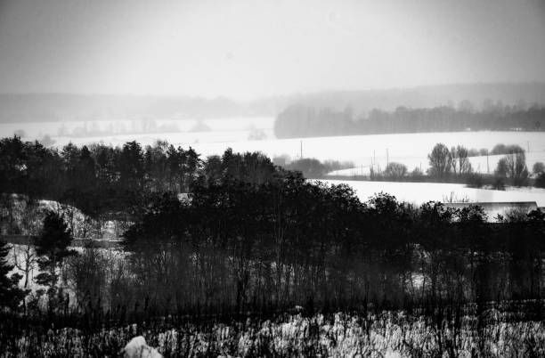 istock Black trees, snow-covered fields and fog. 1035703332