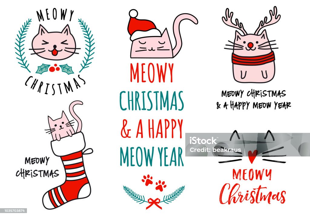 Meowy Christmas with cute cats, vector set Meowy Christmas with cute cats, hand drawn doodle, set of vector design elements Christmas stock vector