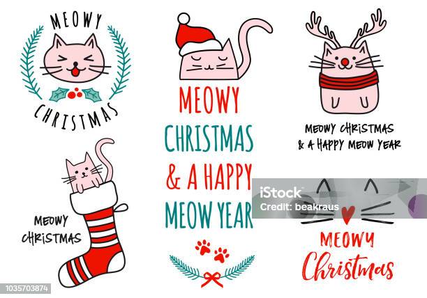 Meowy Christmas With Cute Cats Vector Set Stock Illustration - Download Image Now - Christmas, Domestic Cat, Kawaii