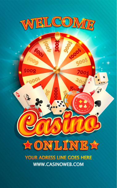 Welcome flyer for casino online with poker cards. Welcome flyer for casino online with poker cards, playing dice, chips, fortune wheel and other gambling design elements. Invitation poster template on shiny background. Vector illustration. poker win stock illustrations