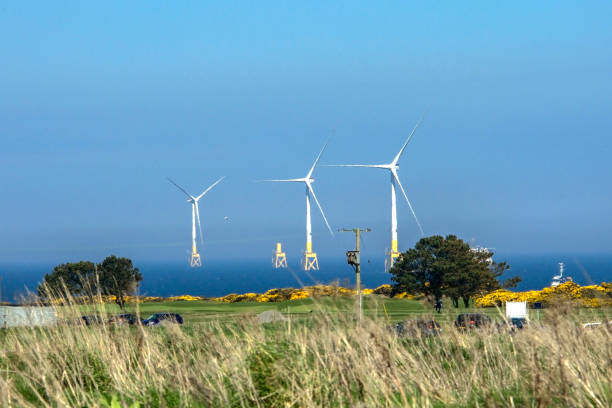 Wind turbines installation Coast of Aberdeen, Scotland, United Kingdom. May 2018 aberdeen scotland photos stock pictures, royalty-free photos & images