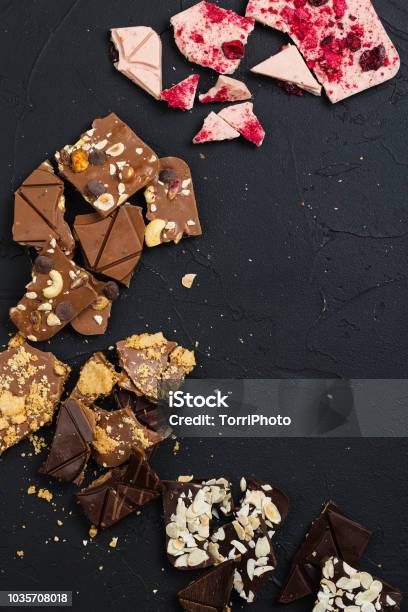 Luxury Handmade Chocolate On Black Background Stock Photo - Download Image Now - Chocolate, Plant Bark, Backgrounds