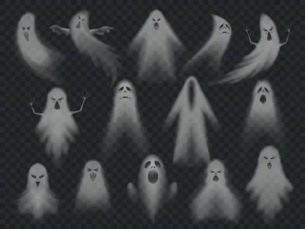Vector illustration of Transparent ghost. Horror spooky ghosts, halloween night ghostly ghoul. Scary phantom vector illustration set