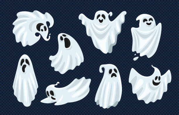 ilustrações de stock, clip art, desenhos animados e ícones de ghost character. halloween scary ghostly monster, dead boo spook and spooky fly anima isolated cartoon vector set - ghost