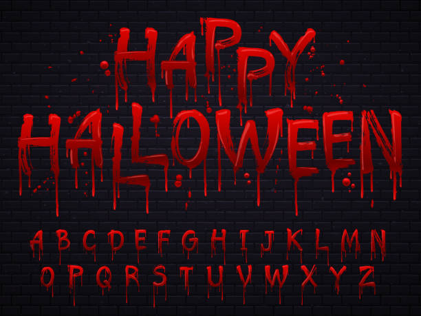 Halloween font. Horror alphabet letters written blood, scary bleed font or wet bloody sign isolated vector illustration Halloween font. Horror alphabet letters written blood, scary bleed font or evil night wet bloody autumn wet paint abc sign text, calligraphy isolated vector symbols illustration blood typing stock illustrations