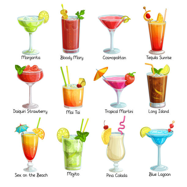 Set of tropical cocklails Set of tropical cocklails. Summer alcoholic holiday and beach party drinks. Long island, bloody mary, cosmopolitan, margarita, mai tai, pina colada, blue lagoon and etc. Vector illustration. bloody mary stock illustrations