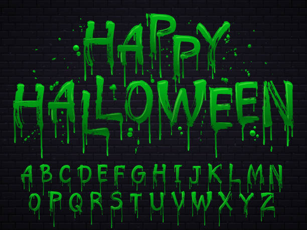 grünen schleim schriftart. halloween toxische abfälle briefe, vektor scary horror grüns goo zeichen und spritzer flüssiger schlamm isolierten - green monster stock-grafiken, -clipart, -cartoons und -symbole