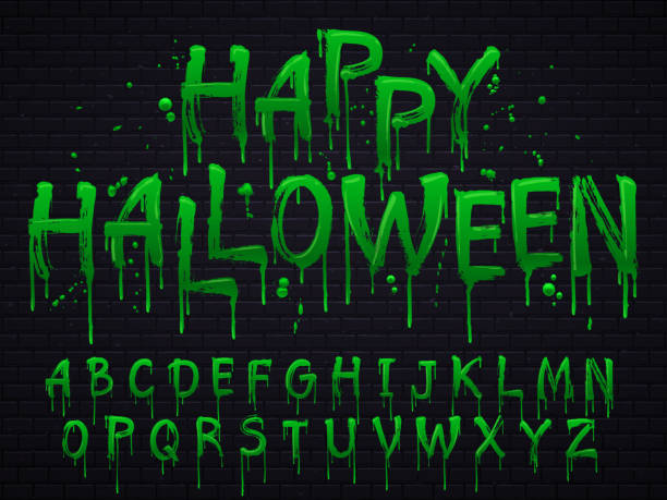 ilustrações de stock, clip art, desenhos animados e ícones de green slime font. halloween toxic waste letters, scary horror greens goo sign and splash liquid slimes vector isolated set - letter alphabet symbol fruit