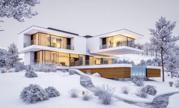 istock 3d rendering of modern cozy house by the river in winter evening 1035715664