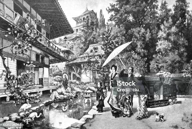 Leisure Time In A Japanese Garden Stock Illustration - Download Image Now - Japan, Japanese Culture, Archival