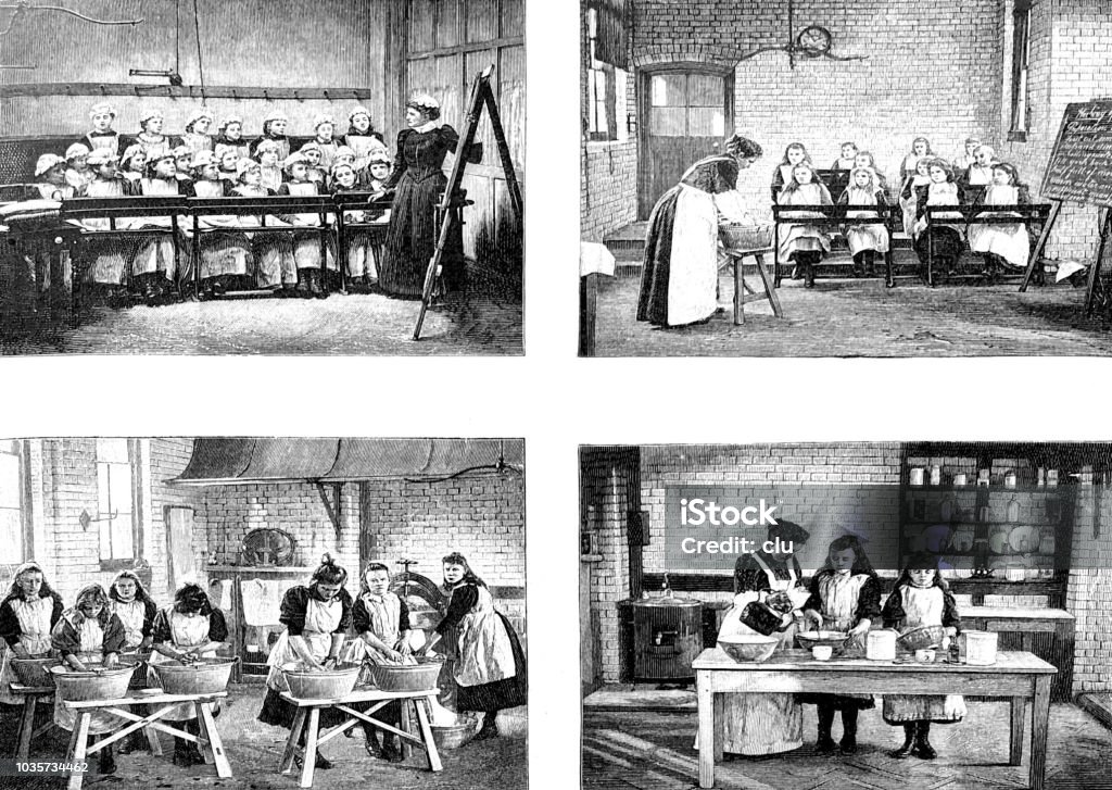 Four lessons in the housewife school Illustration from 19th century Classroom stock illustration