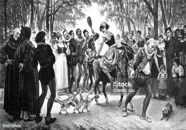 A Peoples Court In The Middle Ages A Woman Is Pulled Backwards On A Donkey Through The City Stock Illustration - Download Image Now