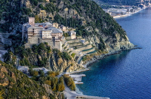 Athos peninsula, Greece. The Monastery of Dionysiou located in the Monks Republic on the peninsula of Athos.