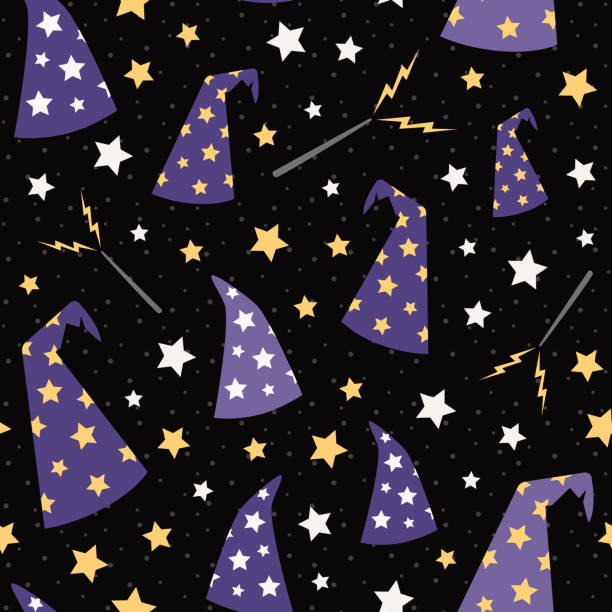 Vector Starry Wizard Hats Seamless Pattern Background Vector Starry Wizard Hats Seamless Pattern. Surface Pattern Design perfect for fabric, scrapbooking, Halloween, kids, and home décor projects. sorcerer hat stock illustrations