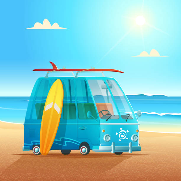istock Surf bus on the sandy beach. Summer surfer vacation vector cartoon illustration 1035743592