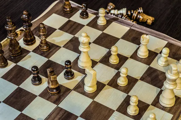 Photo of Wooden chess Board and chess pieces in in the game. Limited depth of field.