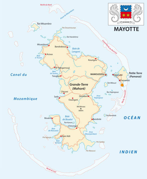 Department of Mayotte road map with coat of arms. Department of Mayotte road vector map with coat of arms. mayotte stock illustrations