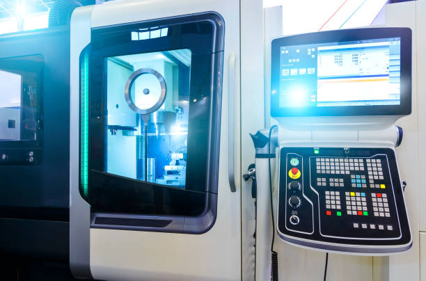 istock Modern lathe with CNC and workpiece and transparent windows for process control 1035751722
