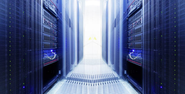 istock Server room center exchanging cyber datas and connections. rows of server hardware in data center 1035756430
